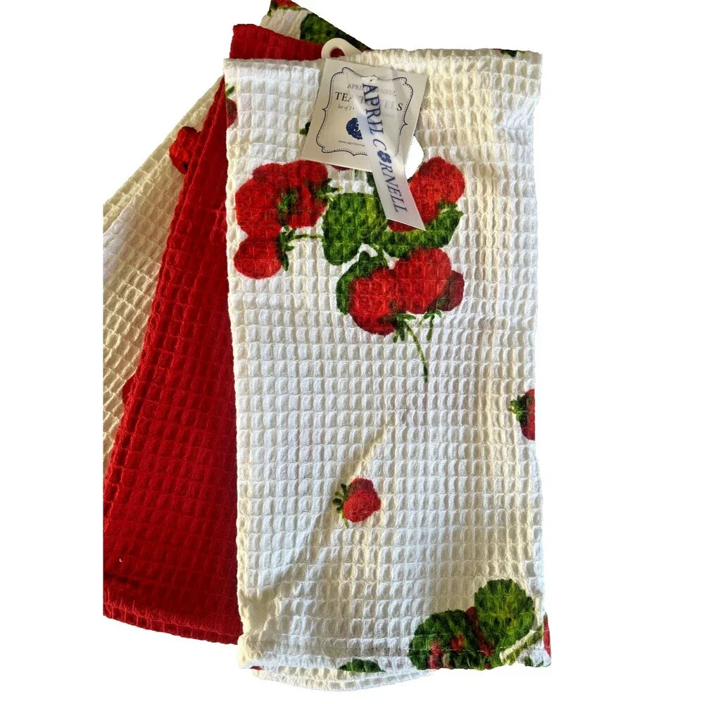 April Cornell Strawberries Kitchen Dish Towels Set of 3 Waffle Weave White Red